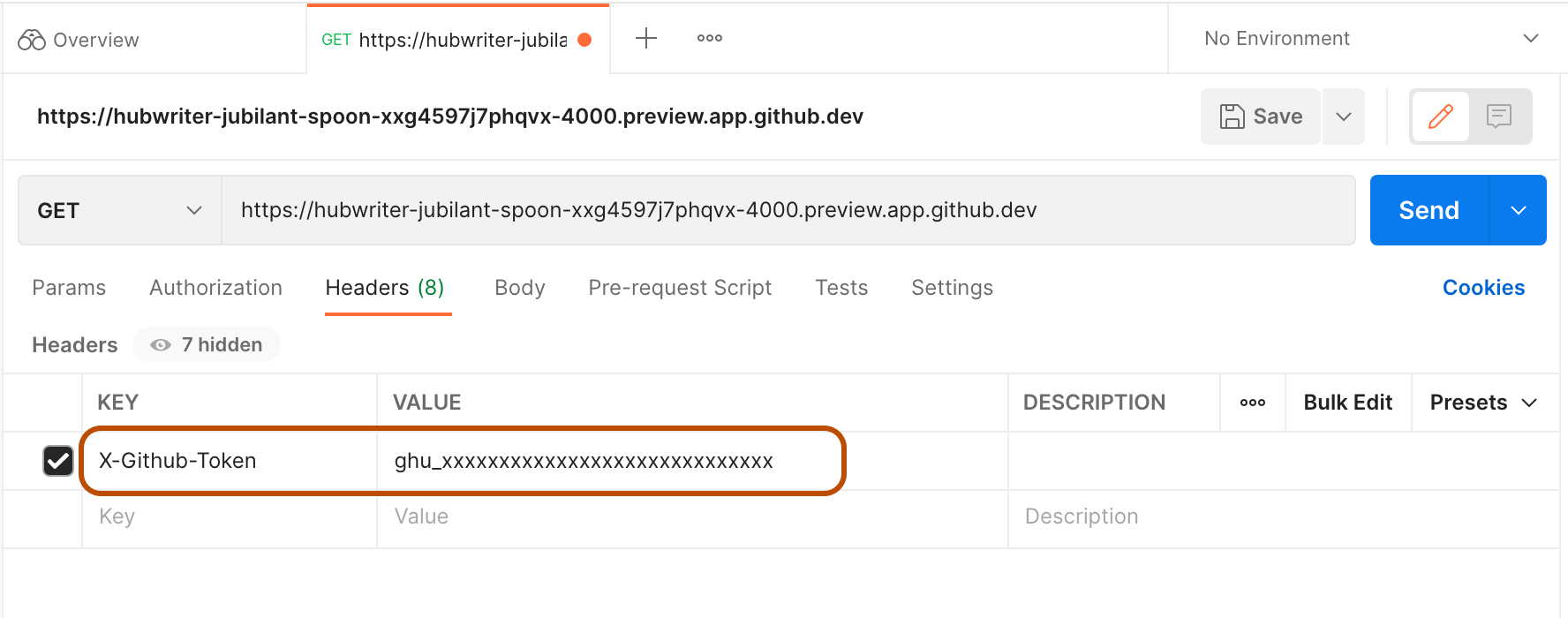 虚拟 GITHUB_TOKEN 的屏幕截图，该值作为 X-GitHub-Token 密钥的值粘贴到 Postman 中。 突出显示了键和值。